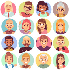 People in holes. Face in circular windows, emotional people greeting, smiling communicating characters. Avatars vector set