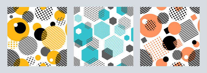 Fototapeta Three geometric seamless patterns with circles,squares, hexagons stripes and dots. Patterns for fashion and wallpaper. Vector illustration.  obraz