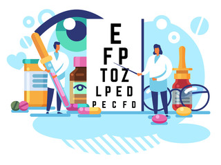 Oculists concept. Eye care and sight diagnostic testing. Ophthalmology laboratory equipment, vision check up vector background