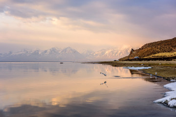 Fototapeta premium Dawn of the sun, early morning on Lake Manasarovar.