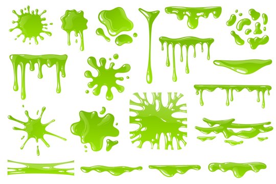 Green cartoon slime. Goo blob splashes, sticky dripping mucus. Slimy drops, messy borders for halloween banners isolated vector set
