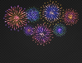 Firework background. Isolated carnival salute on transparent backdrop. Festive xmas, new year and 4th july fireworks vector concept