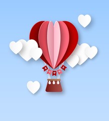 Heart air balloon. Paper cut hot air balloon with white clouds in heart shape happy valentines day invitation card vector concept