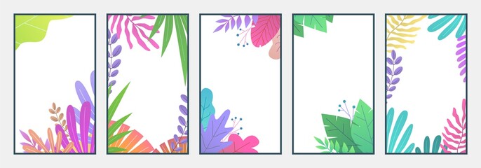 Flat minimal landscape. Cell phone botanic wallpapers with copy text space and leaves for social media stories. Smartphone vector backgrounds