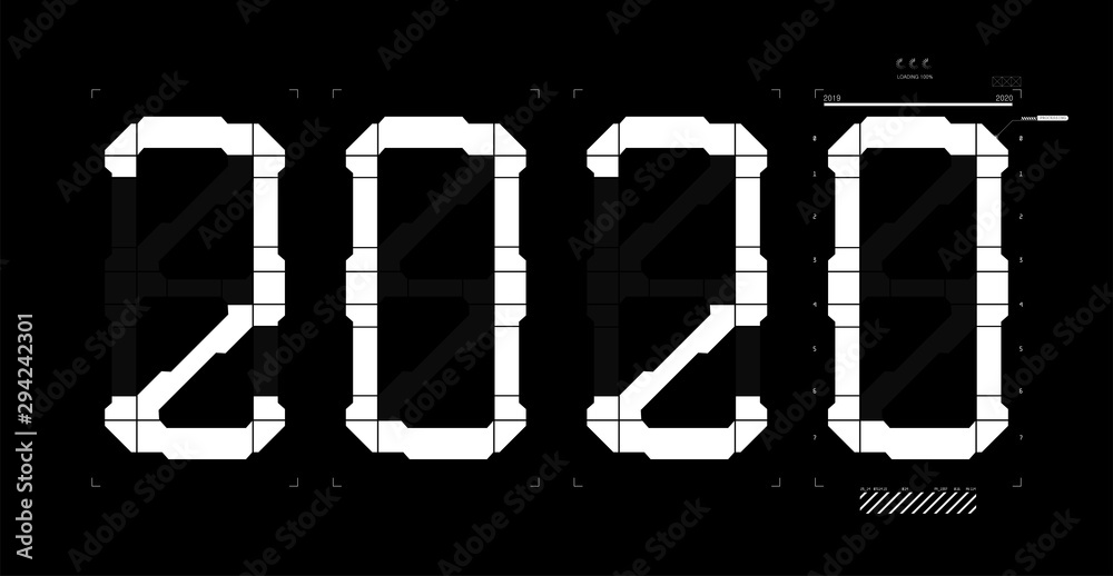 Poster Futuristic digits 2020 with interface HUD. Loading bar from 2019 to 2020. Happy new year sky-fi design. Technology background, Business technology concept. Vector illustration