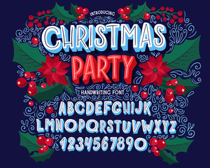 Christmas font. Holiday typography alphabet with festive illustrations and season wishes. - 294242336
