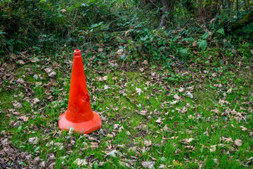 Traffic cone eaten by animal and left behind on grass