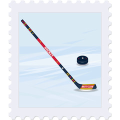 Postage Stamp. Winter sport. Hockey. Stick and puck, abstract ice - isolated on white background - vector. Travel Banner