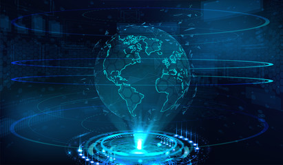 Earth globe hologram technology three-dimensional interface. HUD  3d globe earth hologram. Sky-fi concept, science fiction scene. Vector illustration 
