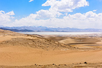 Fototapeta na wymiar Sand desert in the valley of the Brahmaputra river on the Tibetan plateau. Tibet. China