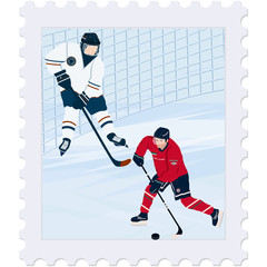Obraz premium Postage Stamp. Winter sport. Hockey. Players, goal, abstract ice - isolated on a white background - vector. Travel Banner