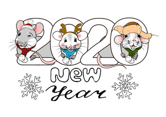 new year 2020 inscription and rats in Christmas costumes, greeting template, poster, postcard, vector illustration