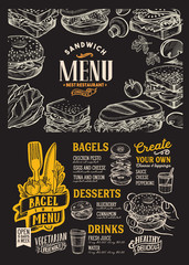 Fototapeta premium Bagel and sandwich menu food template for restaurant with doodle hand-drawn graphic.