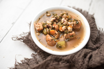 Minestrone Soup. Italian vegetable soup with beans and sausage healthy version