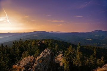 Summer landscape at sunset in National park Bayerische Wald, view  from the  mountain Grosser Arber, Germany.