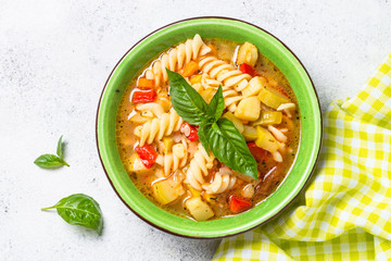 Minestrone with vegetable and pasta top view.