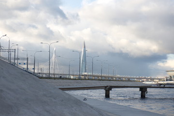 Granite embankment along the river on a sunny day