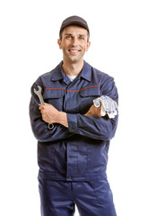 Male car mechanic on white background