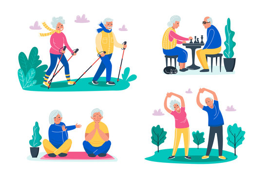 Senior activities concept. Old people walking, playing chess, do exercises on the fresh air in forest and do yoga with happy faces. Sporty lifestyle in a retirement for pensioners. Vector illustration
