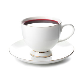 Cup of hot hibiscus tea on white background