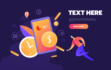 Concept money transfer. User transfers money and presses on a coin. Web banner, infographics. Isometric vector illustration