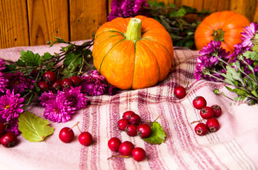 Autumn background with pumpkins, berries and flowers on wooden background, copy space. Happy Thanksgiving Day Background. Halloween pumpkin. Autumn Harvest Festival. Still life with pumpkin and flower