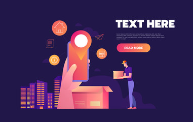 Online shopping on internet using mobile smartphone. Fast delivery concept vector illustration in flat style design. Courier gives parcel to customer.