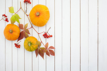 Pumpkins and fallen leaves on wooden background. Halloween, Thanksgiving day or seasonal background
