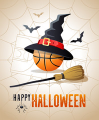 Happy Halloween. Sports greeting card. Basketball ball with witches hat and broom on the background of the basketball court as a spiders web. Vector illustration.