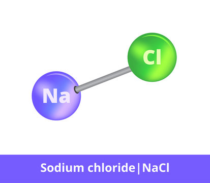 Vector ball-and-stick model of chemical substance. Icon of sodium chloride molecule commonly known as salt NaCl consisting of sodium and chloride. Structural formula with double bond isolated on white
