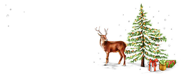 Christmas Background with Northern Deer, For, lights, gift boxes and snow. Winter Holiday Scenery