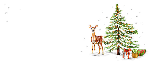 Christmas Background with Fir Tree Decorated with Light Garland, Gift Box and Deer with Snowflakes