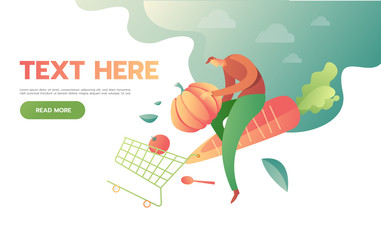 man with shopping cart full of groceries. isolated on white background. Vector illustration in flat style