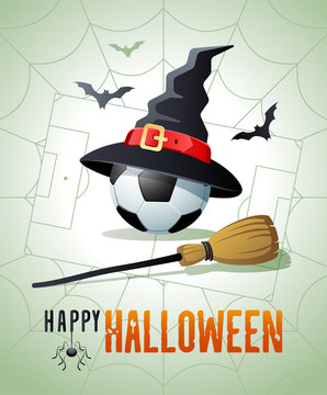 Happy Halloween. Sports greeting card. Soccer ball with witches hat and broom on the background of the soccer field as a spiders web. Vector illustration.