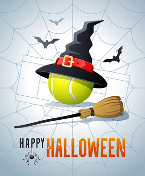 Happy Halloween. Sports greeting card. Tennis ball with witches hat and broom on the background of the tennis court as a spiders web. Vector illustration.