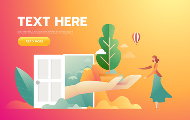 The girl with orange dress holding a plant. Climate change concept. Vector cartoon illustration. Character.