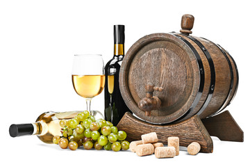 Barrel, bottles and glass of tasty wine on white background