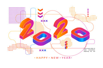 2020 Colored Memphis style. Modern Design banner with 2020 Numbers. Vector New Year illustration.
