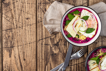 Beetroot borani and halloumi breakfast bowls
