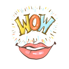 Sexy open female mouth smiling and Wow speech bubble. Vector bright background in comic retro pop art style.