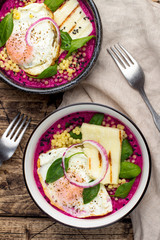 Beetroot borani and halloumi breakfast bowls