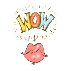 Mouth with speach bubble. Wow and female lips in sketchy cartoon style concept for advertising or poster. Vector illustration