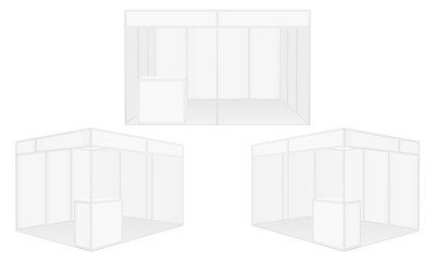 Set of exhibition stalls mockups isolated on white background. Vector illustration - obrazy, fototapety, plakaty
