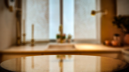 Wooden coffee table of free space for your decoration and blurred background of home interior. 