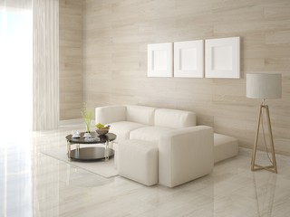 Mock up a bright living room with a comfortable corner sofa and an original hipster background.