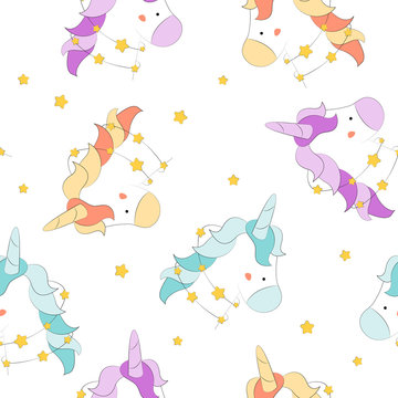 Seamless pattern with unicorns and stars. Art for children illustration, holiday packing.