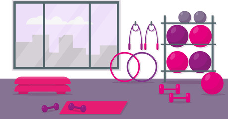 Fitness center for women's training. Gym interior with workout equipment. Vector illustration.