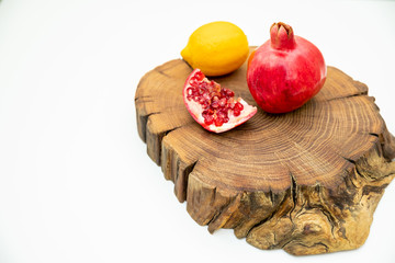 Group of various fruit consists half of tangerine, lemon. fresh fruit on wooden table, isolated wooden plank with space for copy, vitamin c from fruit. Healthy food, diet concept.