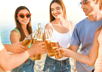 Friends drinking beer on sea beach