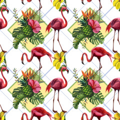Watercolor tropical wildlife seamless pattern. Hand Drawn jungle nature, hibiscus flowers illustration